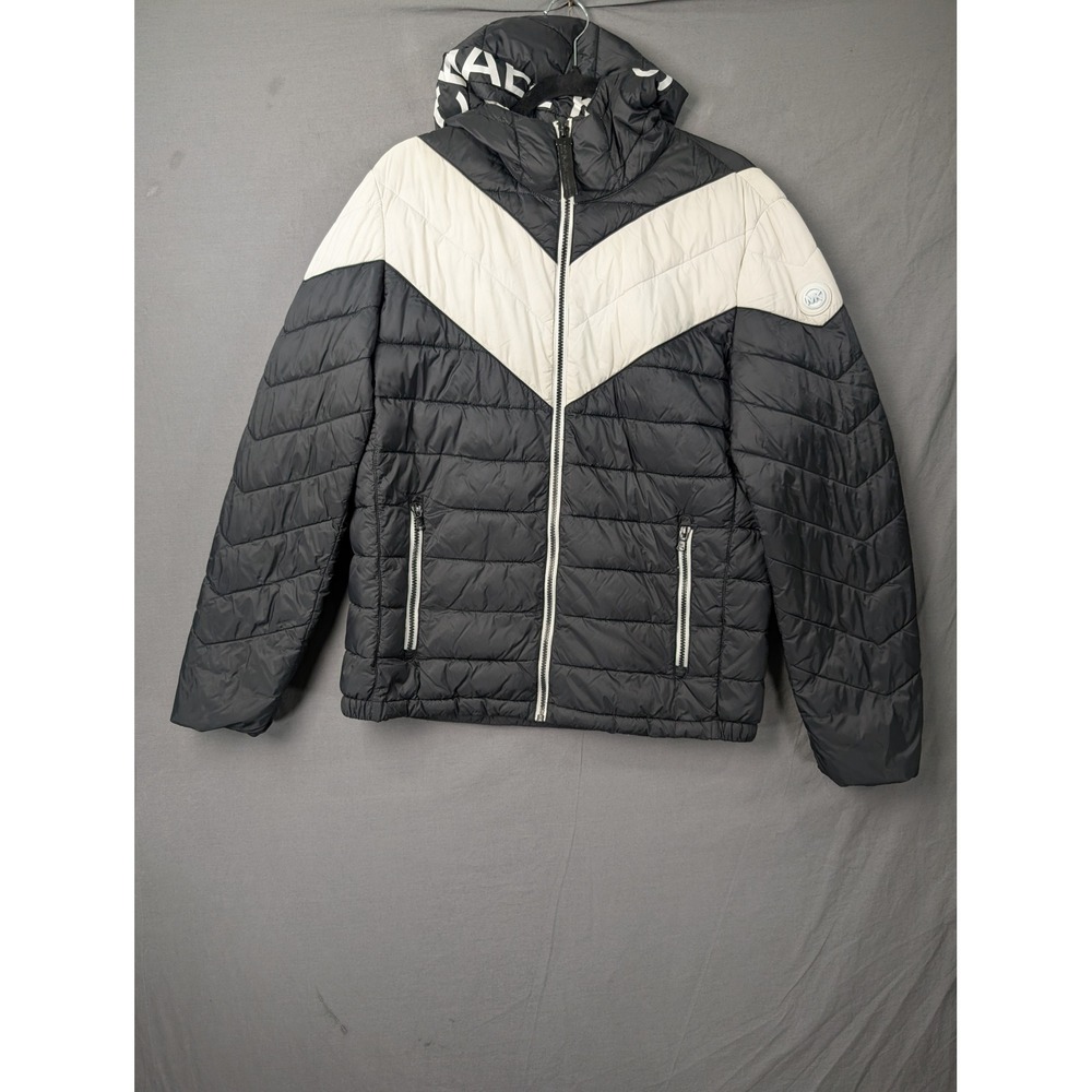 Michael Kors Mens Black White Chevron Hooded Puffer Jacket M